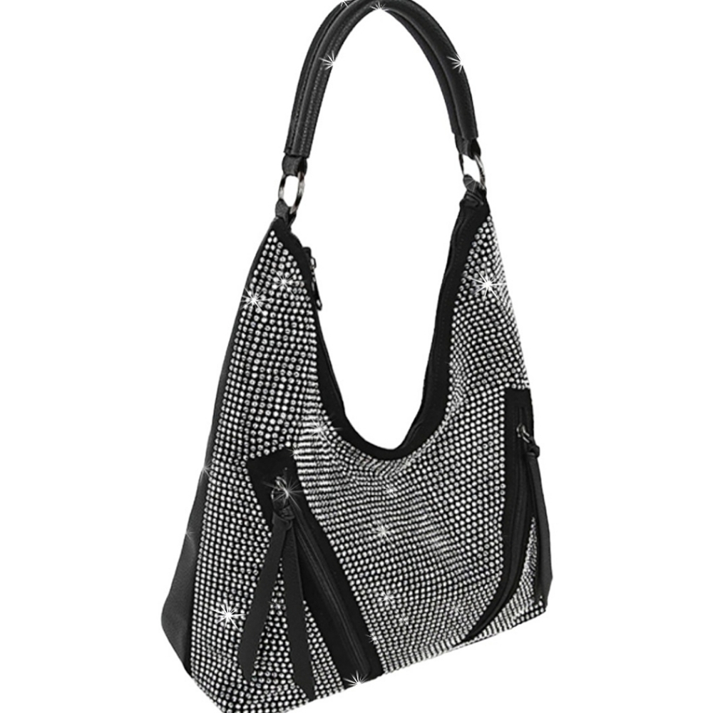 Black Rhinestone-Embellished Shoulder Bag